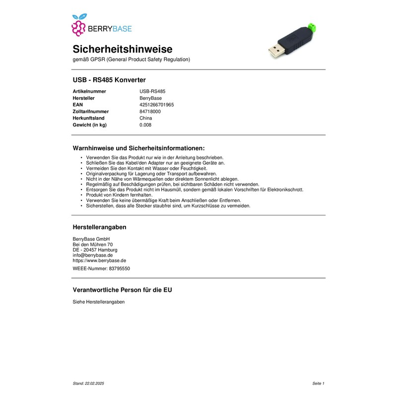 BerryBase USB 2.0 to RS485 Adapter, USB 2.0 to RS485