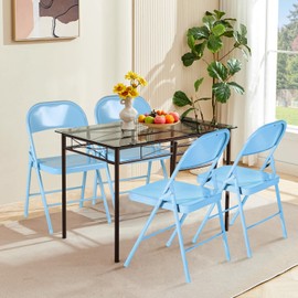 FurnitureR Folding Chairs Set of 4, Metal Foldable Side Chairs, Portable Stackable Commercial Seat with Steel Frame 350lb. Capacity, Indoor Outdoor for Parties, Home, Office, Blue