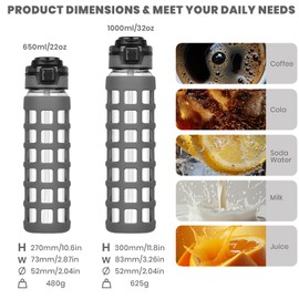 Ferexer 32oz/22oz Glass Water Bottle with Straw Handle Flip lids, leakproof, BPA free, Borosilicate Glass Bottles, with Protective Non-Slip Silicone Sleeve Sports Glass Drinking Bottles Gray