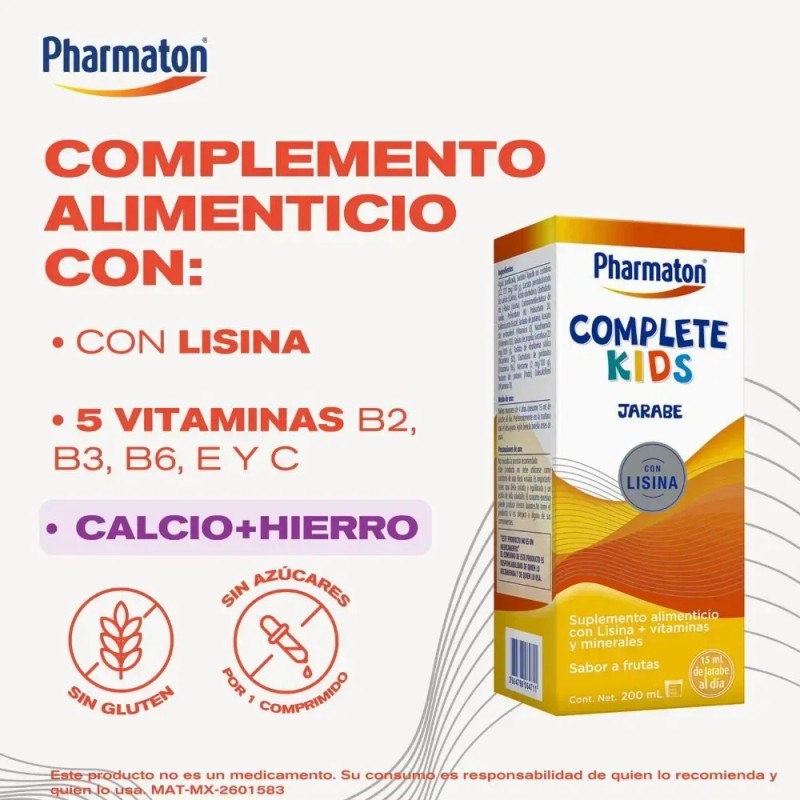 Jarabe Complete Kids Con Lisina 100 Ml Pharmaton Frutas