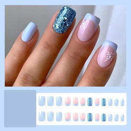 Short Square Press on Nails French Tip Fake Nails Glitter with Snowflake Design Blue Full Cover False Nails Acrylic Artificial Nails Glossy Glue on Nails Stick on Nails for Women Manicure Art 24Pcs