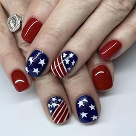 4th of July Press on Nails Short Square Fake Nails with Stars Flag Desgins Independence Day Nails Press ons Red Blue Glue on Nails Cute False Nails Acrylic Stick on Nails for Women 24 Pcs