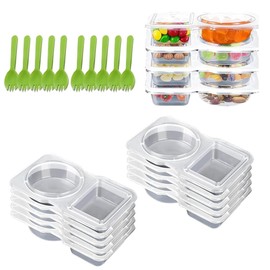 10 Sets Double Compartment Condiment Container with Lids, Reusable Snack Containers with Spoons, BPA Free,Travel Condiment Containers for To-Go Sauce,Snack,Sampling