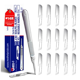 Pack of 15 Surgical Blades #14R with Stainless Steel Scalpel Handle - High Carbon Steel Sterile Dermaplane Blades, Dermaplaning Tool for Face, Podiatry, Crafts