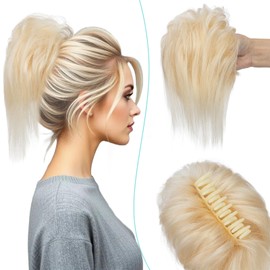 S-noilite Claw Clip Messy Bun Real Human Hair Tousled Updo - Clip in Ponytail Chignon Hairpieces for Women Girls #60 Platinum Blonde 44g