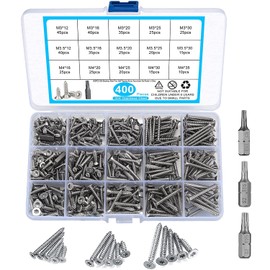400 Pcs M3/M3.5/M4 Wood Screws, Torx Head Pan Head Self Tapping Screws, Stainless Steel Flat Head Drywall Screws Assortment Kit for Wood, with 3 Pcs Bits (400 Silver)