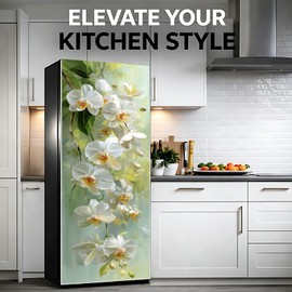 Orchid Refrigerator Door Decal Peel and Stick, White Floral Fridge Door Cover, Waterproof Removable Appliance Sticker for Kitchen Decor, Green Botanical Fridge Wrap 23.6 x 70.9 Inch