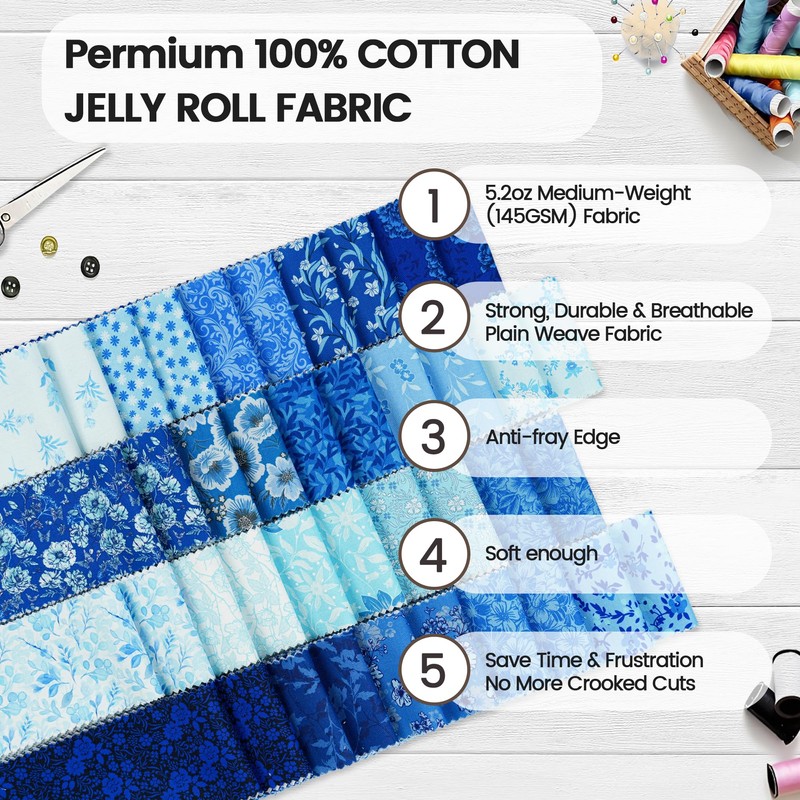 Craftido-18 Options-100% Cotton Jelly Roll Fabric Precut Strips for Quilting,