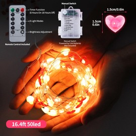 Valentine's Day Decor 16.4ft 50 LED Fairy String Lights Heart Shaped Twinkle Lights in Red Pink White Remote Control 8 Modes Battery Operated for Valentine's Day Wedding Kids Bedroom Party Decor