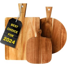 Acacia Wood Cutting Board Set of 3 with Handles – Round, Rectangular & Paddle Charcuterie Boards for Cheese, Meat, Pizza, Bread & Fruits