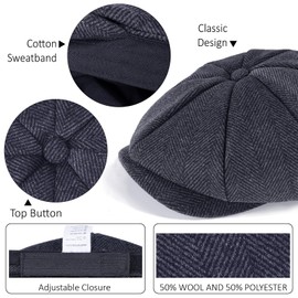 Men’s Woolen Newsboy Cap Tweed Gatsby Ivy Cabbie Flat Golf Hat Present for Fathers Women Unisex, Herringbone Grey 1, 7 1/2-7 3/4