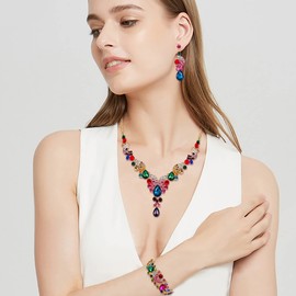 Ever Faith Rhinestone Crystal Bridal Party Art Deco Floral Wave Teardrop Necklace Earrings Bracelet Jewelry Set Multicolor Gold-Tone
