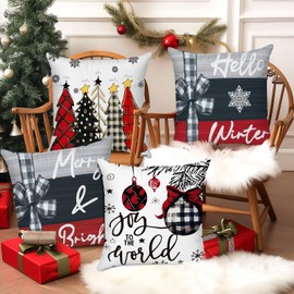 Minetom Christmas Throw Pillow Covers 18x18 Set of 4 Christmas Decorations Snowman Wreath Santa Tree Winter Holiday Decor Throw Cushion Case for Home