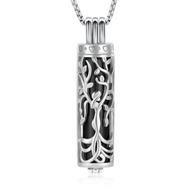 Oinsi Cylinder Urn Necklace for Ashes Angel Tree of Life Cremation Jewelry Hollow Cylinder Vial Pendant Necklace Memorail Ashes Lockets for Loved Ones(Silver-Black)