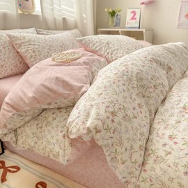 Nyescasa Bed Linen 135 x 200 cm Cotton Pink White Flowers Girls Aesthetic Cotton Bed Linen Renforce Oeko-Tex Reversible Bed Linen with Zip and 1 Pillowcase 80 x 80 cm