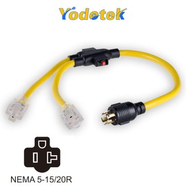 Yodetek Generator Cable Adapter with Circuit Breaker,3 FT Generator Distribution Cord, 10 Gauge 4 Prong Extension Cord Splitter, L14-30P to (2) 5-15/20R