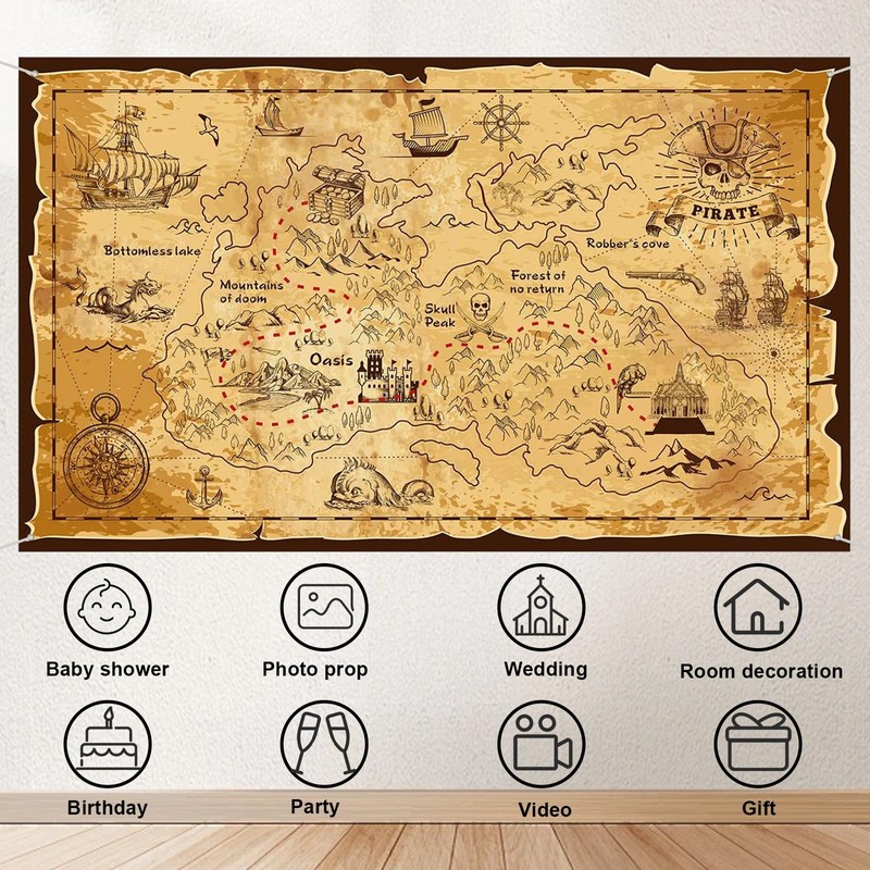 BLMHTWO 185×110cm Pirate Treasure Map Backdrop, Western Treasure Island Route
