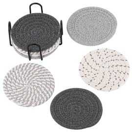 BTYMS 16Pcs Grey & Linen Woven Drink Coasters Set with 2 Metal Holders, Absorbent Reusable Cup Coasters for Coffee Table Home Decor, Minimalist Bar Accessories Housewarming Gift (4.3 Inch)