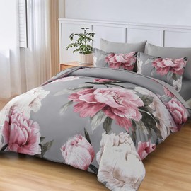 Dobuyly Pink and Grey Comforter Set Queen Size 7 Piece Bed in a Bag, Floral Printed on Gray Comforter Set with Sheets, Soft Microfiber Botanical Complete Bedding Set for All Season
