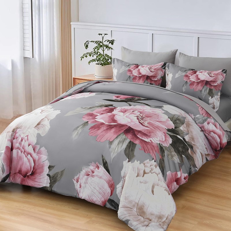 Dobuyly Pink and Grey Comforter Set Queen Size 7 Piece