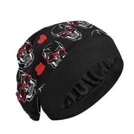 Bonnet Sleep Cap Hair Wrap Cover for Sleeping Satin Lined Head Wrap Nurse Cap Night Cap Slouchy Beanie for Men Women Skull Red Heart