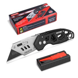 HAUTMEC Folding Utility Knife with 10pcs Blades Set, Quick Change Box Cutter, SK2H Black Blade, Lock-Back Anti-Slip Knife with Clip for Cartons, Cardboard and Boxes HTUCH25002