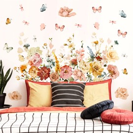 Large Peony Flower Wall Stickers Watercolor Floral Wall Decals Peel and Stick Vintage Wall Art Mural for Bedroom Hanging Flowers Butterflies Wall Stickers for Kids Girls Room Living Room Nursery Decor