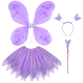 AYBUY Fairy Wings Kids Costume, Fairy Butterfly Wings with Glitter Tutu, Magic Wand and Headband, Purple Fairy Princess Skirt Set, Fairy Dressing up Costume for Girls