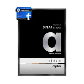 nielsen Alpha Photo Frame A4, 21x29.7cm Aluminium Picture Frame, Black Photo Frame with Protective Float Glass and Push and Turn Clips - Jet Polished Black