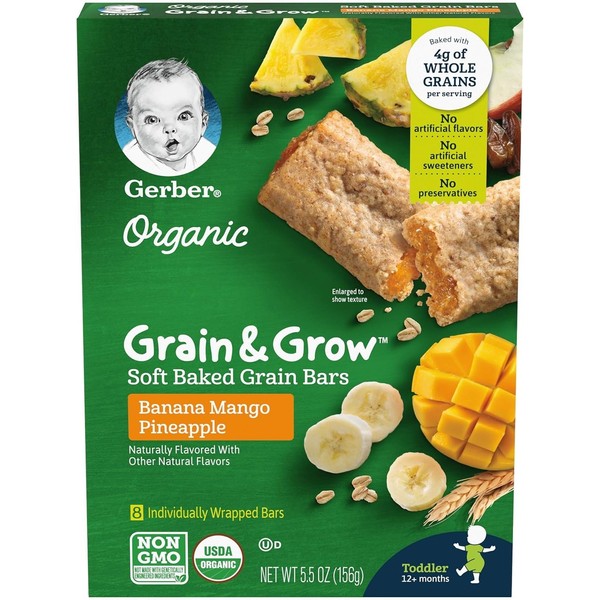 Gerber Up Age Organic Grain & Grow - Barras de grano horneado suaves de plátano mango piña, 5 onzas
