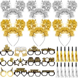 fiintrwa Happy New Year Headband Tiara Gold Silver Fringed Noise Makers and 2025 New Year Party Glasses Decoration Supplies (30 pcs 2)