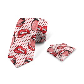 Lunarable Modern Men's Tie Set, Pop Art Style Kiss Woman Lips Mouth on Polka Dots Vintage Graphic Print, Necktie Set Groom Handkerchief for Parties Weddings & All Occasions, White Coral and Red