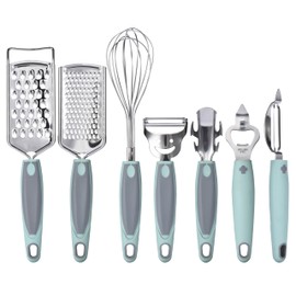 Outlery Silicone Kitchen Utensils Set - 7-Piece Cooking Tool Collection - Comfortable Non-Slip Grip Cookware - Heat Resistant and Non-Scratch Accessories- Culinary Starter Cooking Supplies- Teal-Grey