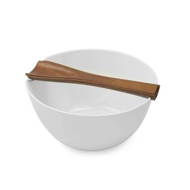 Nambe Quatro Salad Bowl with Servers Set | Large Serving Bowl with Wooden Utensils | Made of Acacia Wood and Fine Bone China | Measures 11-Inches | Dishwasher Safe (White)