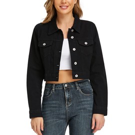 PEIQI Women’s Cropped Jean Denim Jacket Button Down Long Sleeve with Pockets Black XX-Large