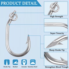 Circle Ringed Hooks, 10Pcs Fishing Hooks Saltwater Heavy Duty Big Game Hook for Tuna, Heavy Tackle Fishing Hook with Action Ring