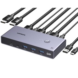 UGREEN 8K Displayport KVM Switch 2 in 1 Out DP1.4 with 4 USB 3.0 Ports(3 USB-A + 1 USB-C) Support 8K@60Hz 4K@240Hz Share 1 Monitor Keyboard Mouse U-Disk Printer, with 2 DP Cables, 2 USB A to C Cables