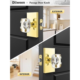 Dllween Crystal Door Knob, Glass Gold Door Knob Interior, Polished Brass Passage Modern Door Knob Rectangular for Hall and Closet