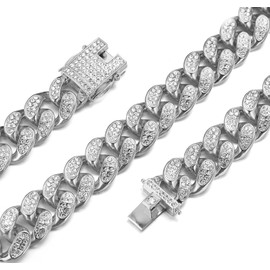 Richhut Gold Chain for Men Guys ?Big Dog? 20MM Wide Cuban Link Chain Silver Tone Iced Out Real White Gold Platinum Plated Necklace Handset Diamonds Clasp 30" Gift for Boyfriend Husband