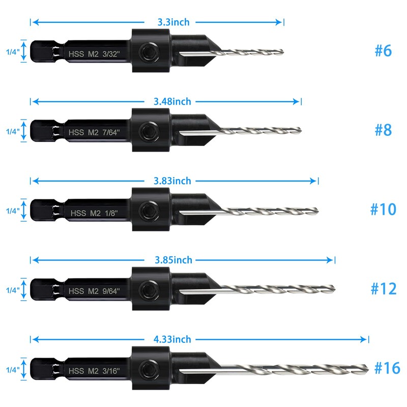 5-pc Countersink Drill Bit Set, 3in1 Woodworking Counterbore Hole Drill