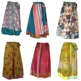 Boho Sari Silk Long Wrap Skirts - Set of 3 Multi