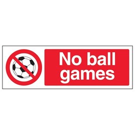 V Safety 53006AX-R No Ball Games Sign - Landscape - 300mm x 100mm - 1mm Rigid Plastic, Black/Red