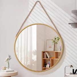 Lzuso Circle Hanging Mirror Metal Framed Modern Wall Round Mirrors Rope Hanging Mirror with Bead for Bathroom Living Room Home Decor Gold 20"