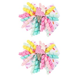 Ice Cream Curly Ribbon Hair Clips - Colorful Handmade Grosgrain Ribbon for Toddlers Kids Cheer Non-slip Alligator Hair Barrettes Accessories (Ice cream)