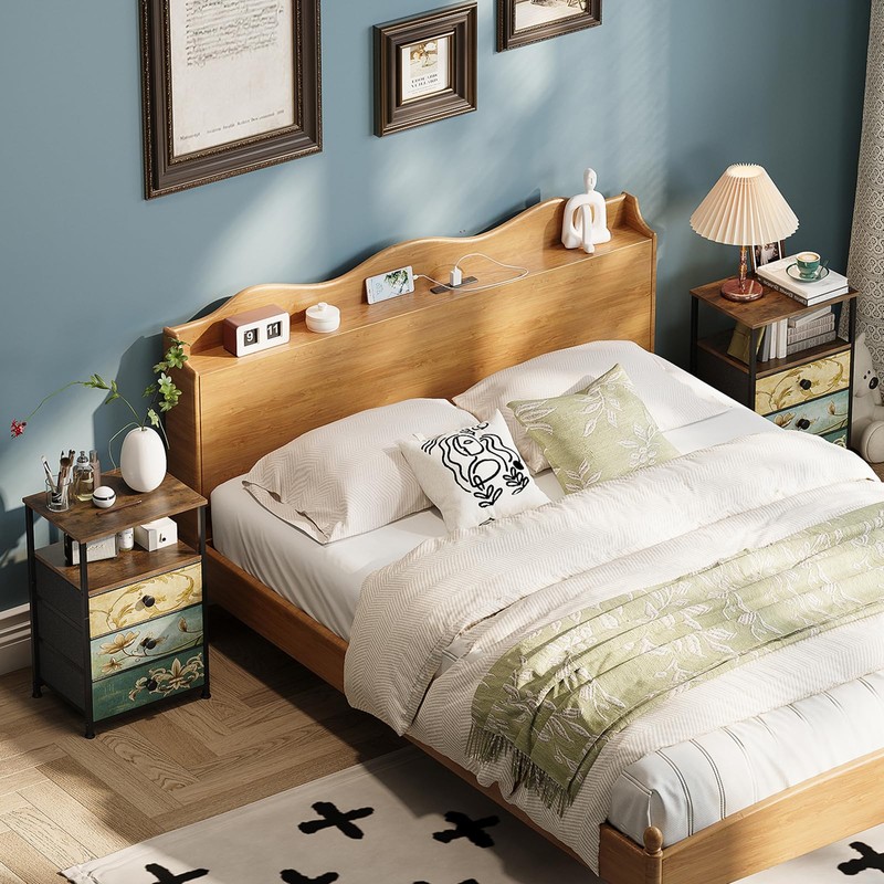 Tohomeor Nightstand with 3 Fabric Drawers Retro End Table with
