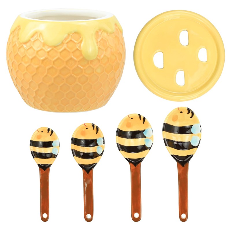 Sizikato 4pcs Porcelain Measuring Spoons with Base, Cute Ceramic Bee