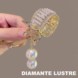 Women Small Hair Clip, Rhinestone Hair Clip Pearl Hair Accessories, Retro Golden Diamante Claw Clip for Thick Hair, Crystal Metal Ponytail Holder, Pearl Tassel Prom Party Hair Clip