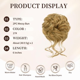HotPro 2PC Messy Bun Hair Piece Thick Updo Scrunchies Hair Extensions Synthetic Hair Bun Curly Wavy Ponytail Hairpieces For Women Girls