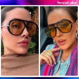 SevenColor Trendy Oversized Aviator Sunglasses for Women Men Retro Big Round Shield Sun Glasses Vintage Shades (Black/Orange)