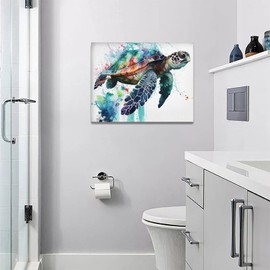Sea Turtle Bathroom Wall Art Nautical Ocean Turtle Pictures Wall Decor Canvas Print Painting Modern Home Framed Artwork For Living Room Bedroom 12"X16"